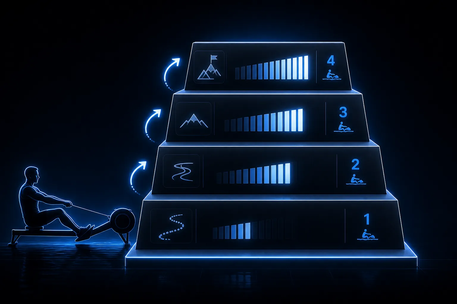 Four ascending blocks with rest arrows showing the Viking Row Challenge distance pyramid