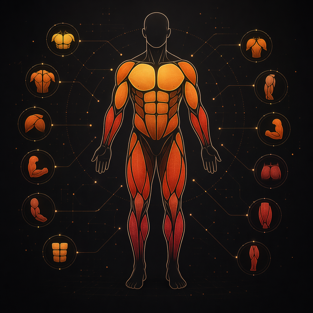 Minimalist human silhouette outline with 12 highlighted muscle groups in warm gradient colors, surrounded by small data-point dots and subtle connection lines suggesting fitness analytics tracking on a dark background.