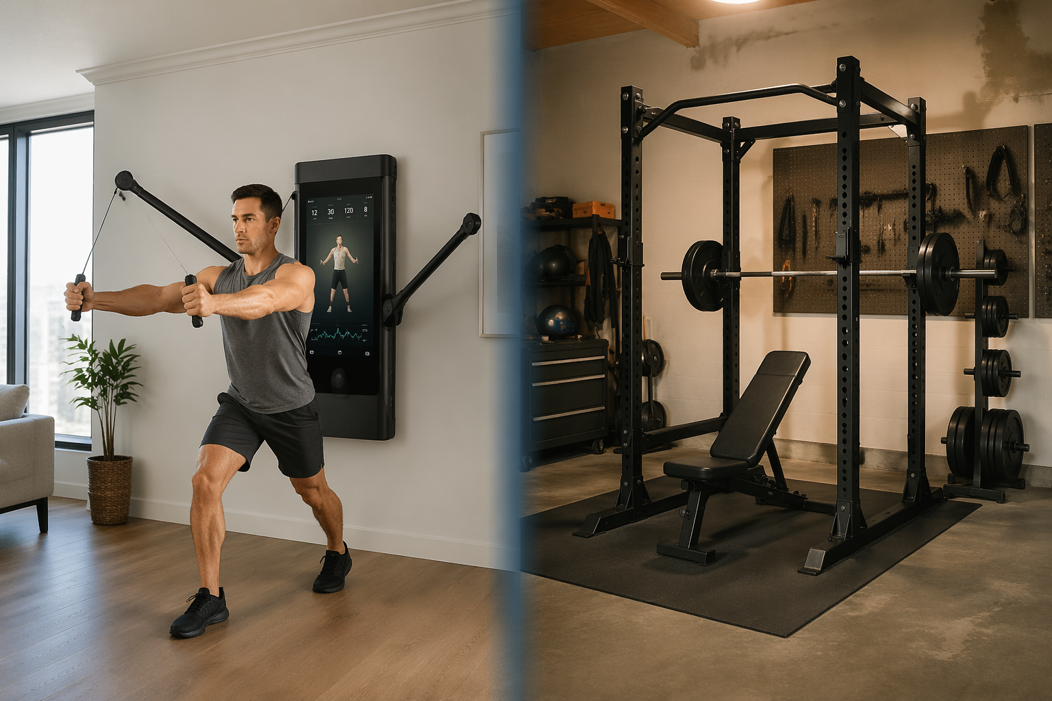 Split comparison scene: left side shows a wall-mounted smart home gym with touchscreen and a person doing cable exercises in a bright apartment living room; right side shows a traditional power rack with barbell, weight plates, and bench in a moody garage setting, divided by a vertical center line.