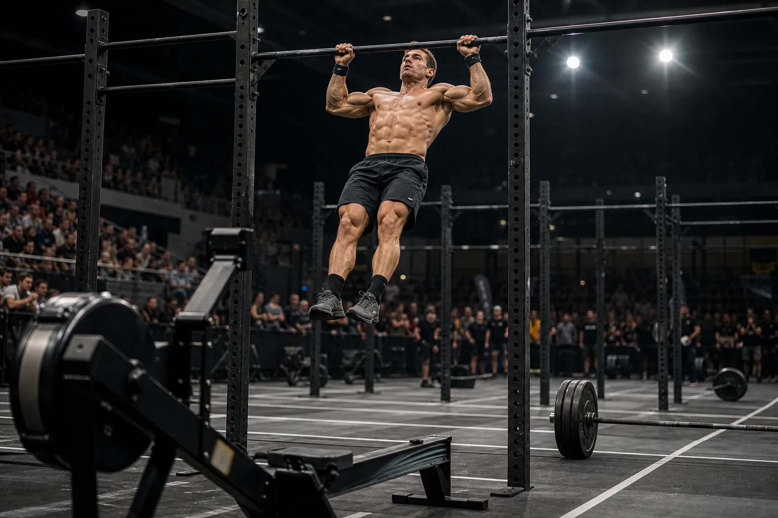CrossFit athlete performing a pull-up on a competition rig with a rowing machine and loaded barbell nearby