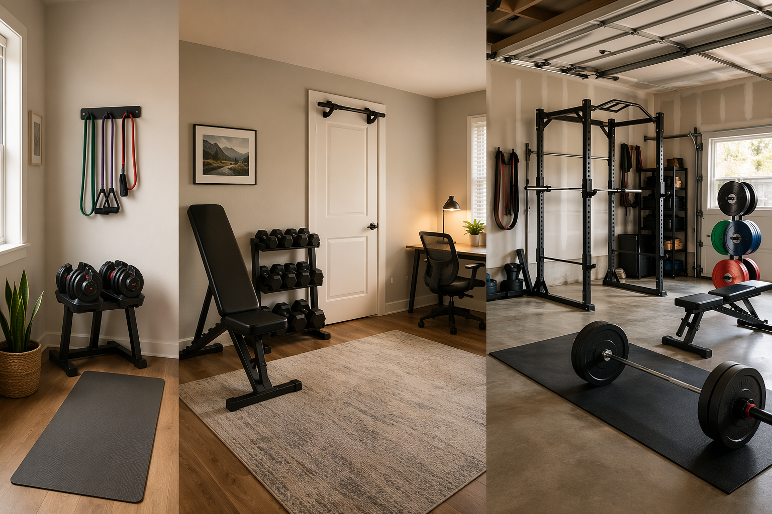 Three home gym setups arranged by increasing floor space, from apartment corner to spare room to garage rack setup