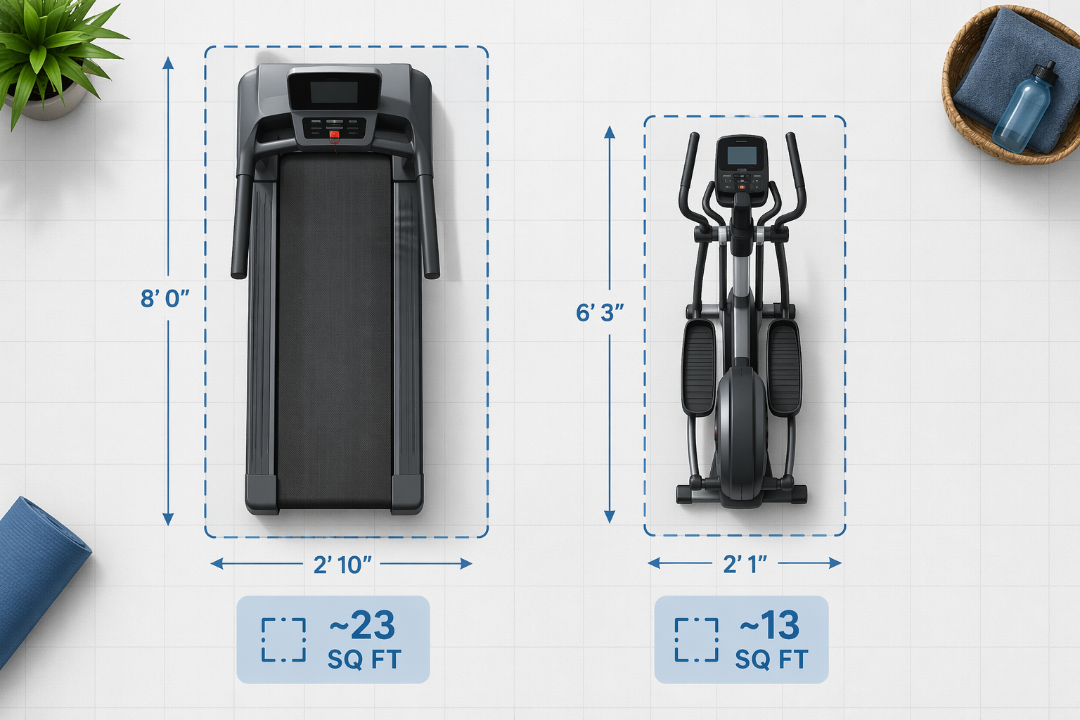 Floor plan comparison of treadmill and elliptical footprints