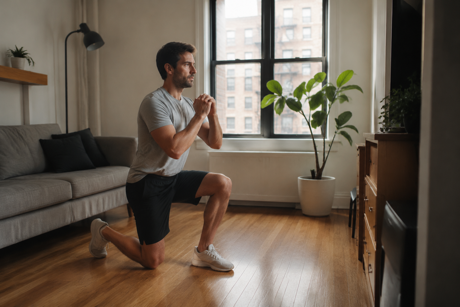 Athlete doing a bodyweight lunge in a compact apartment living room