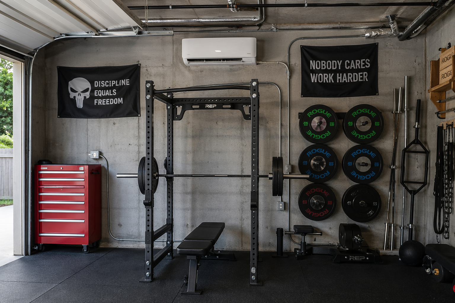 White ductless mini-split air conditioning unit mounted high on concrete garage wall above gym equipment. A power rack with barbell and weight plates sits on rubber stall mat flooring below.