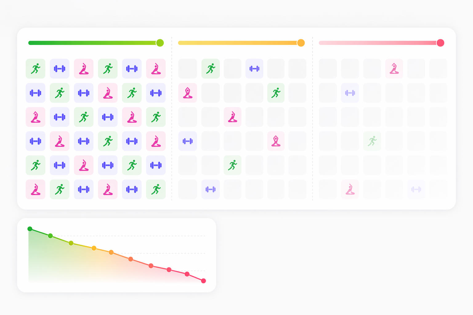 A 90-day workout timeline where activity is dense early and fades by day 90