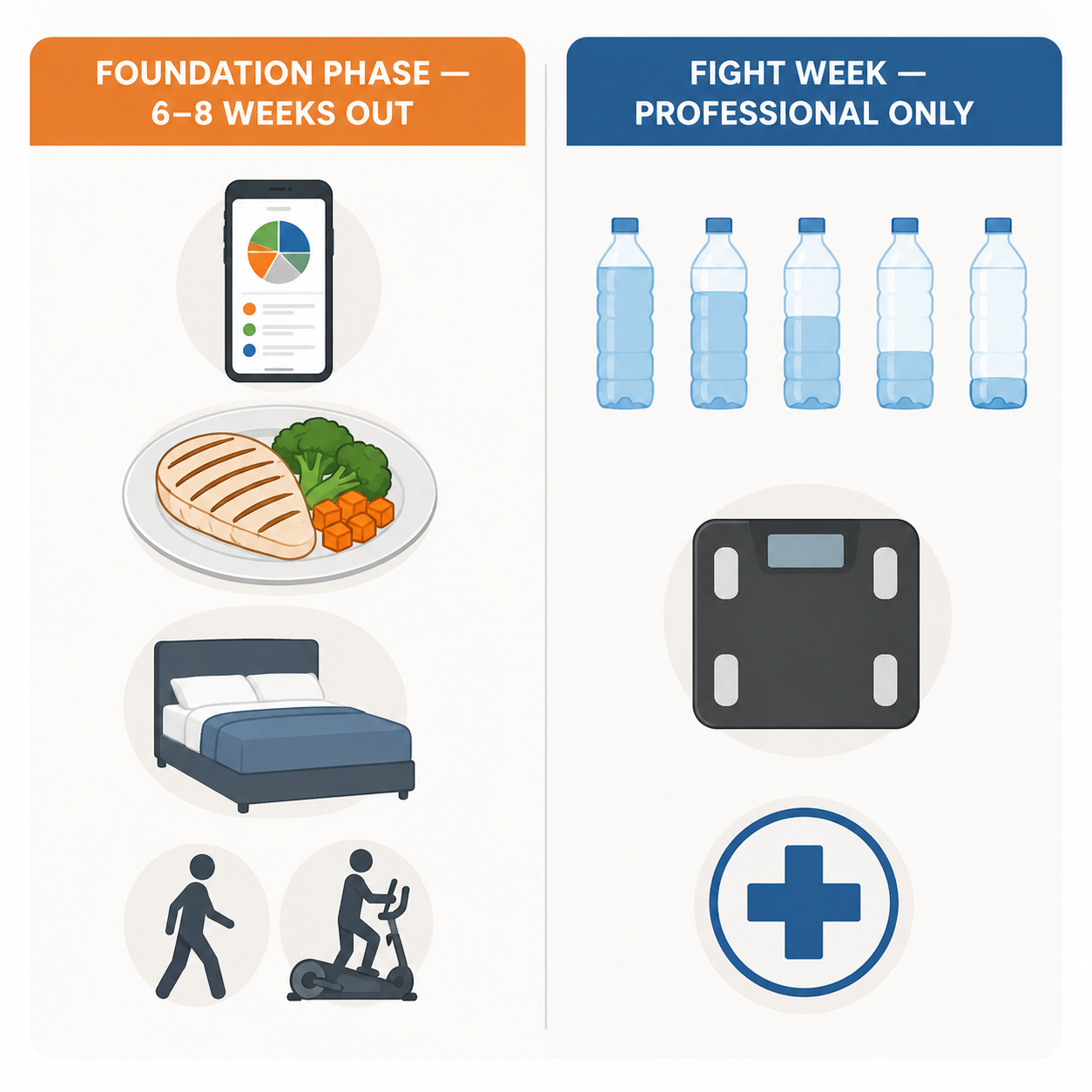 Diagram comparing a foundation phase with fight-week weight-cutting tactics