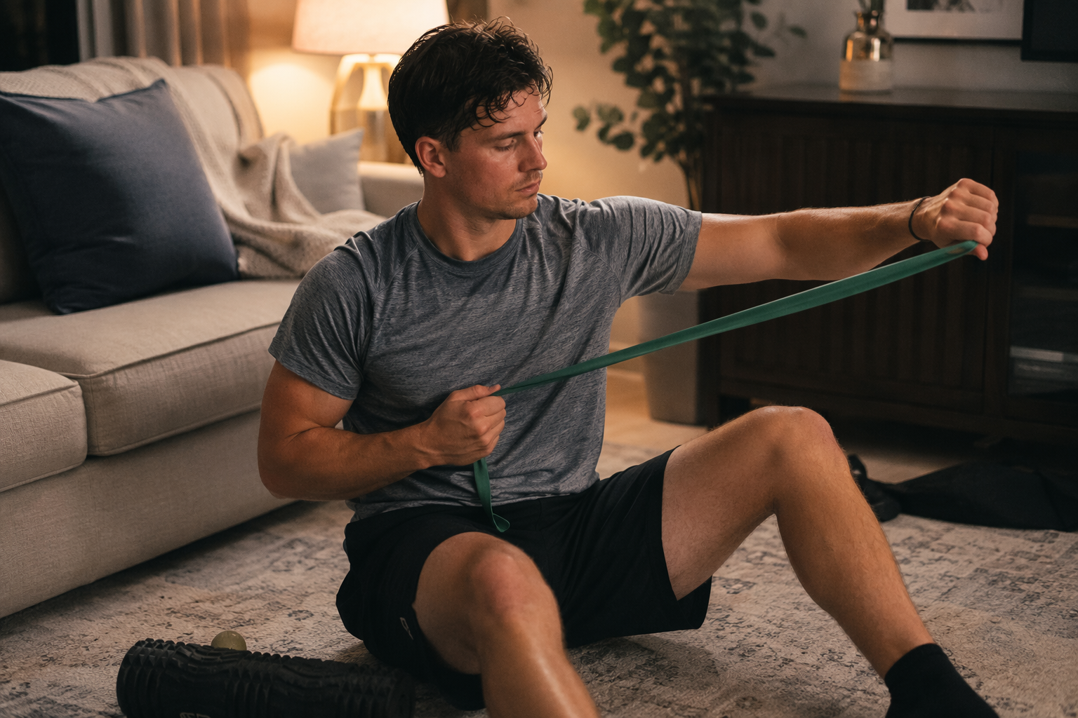 A baseball pitcher at home doing a gentle resistance band recovery movement on the living room floor.