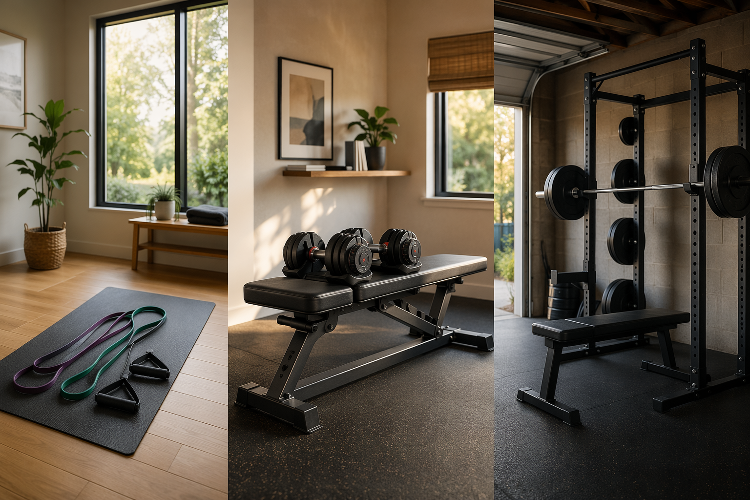 Three home gym equipment setups progressing from mat and bands to dumbbells and bench to a power rack with barbell