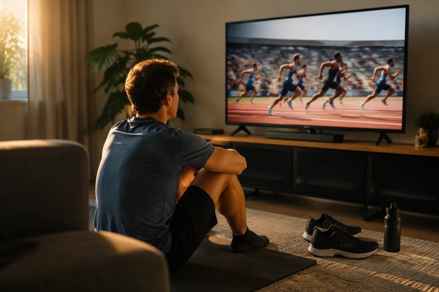 A home runner watching track athletes sprint on TV with running shoes nearby