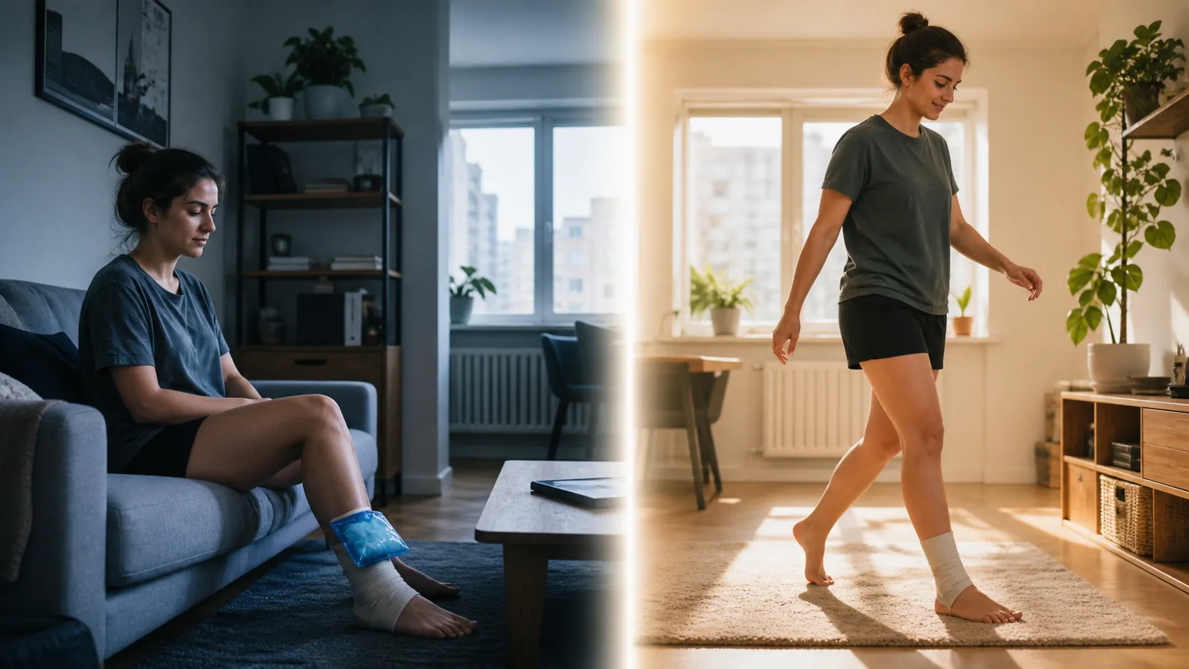 Split-scene illustration of resting with ice versus careful pain-guided movement in a small apartment