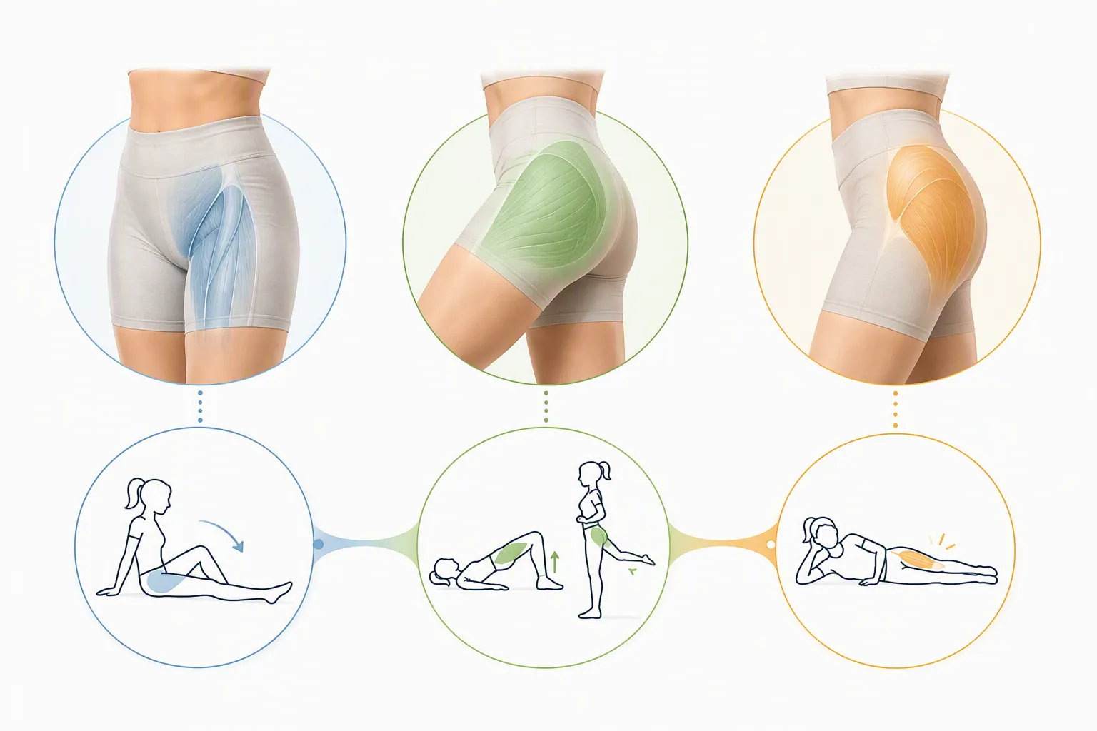Three-panel hip soreness self-assessment showing stretching, glute bridge, and side-lying isometric options