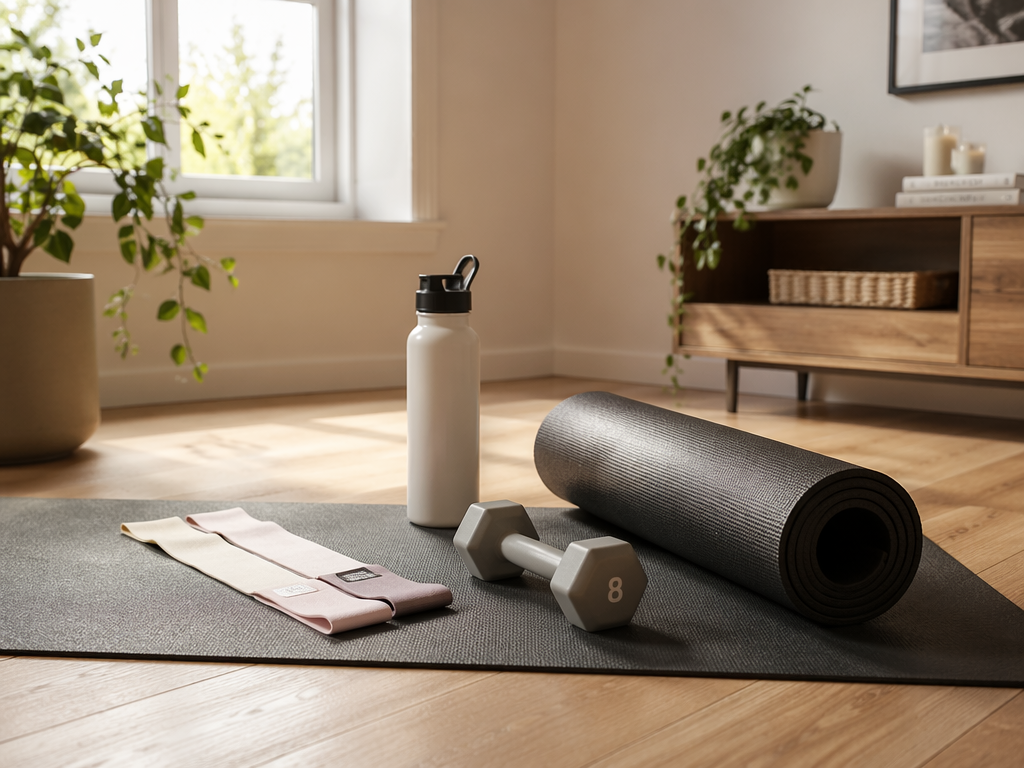 Yoga mat with light resistance bands, a small dumbbell, and a water bottle on a wooden floor