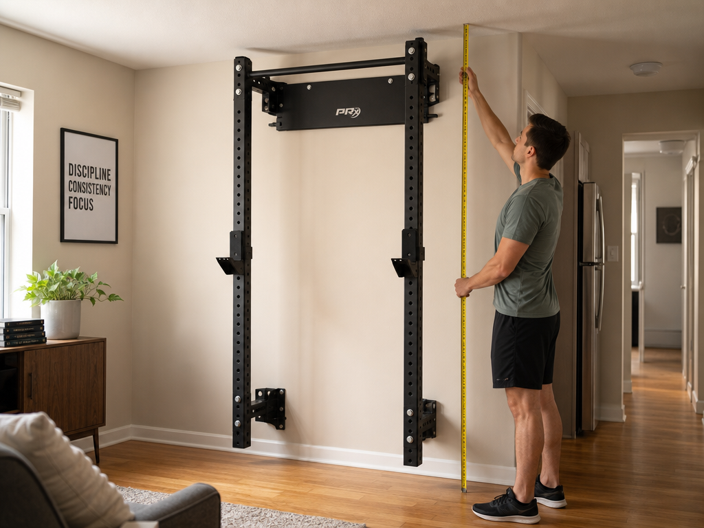 A person stands beside an unfolded wall-mounted foldable squat rack in an apartment room, holding a vertical measuring tape from the floor to the top of the rack. The rack is in its full unfolded position with J-hooks, and the standard ceiling above appears close, illustrating the need to measure ceiling height clearance.