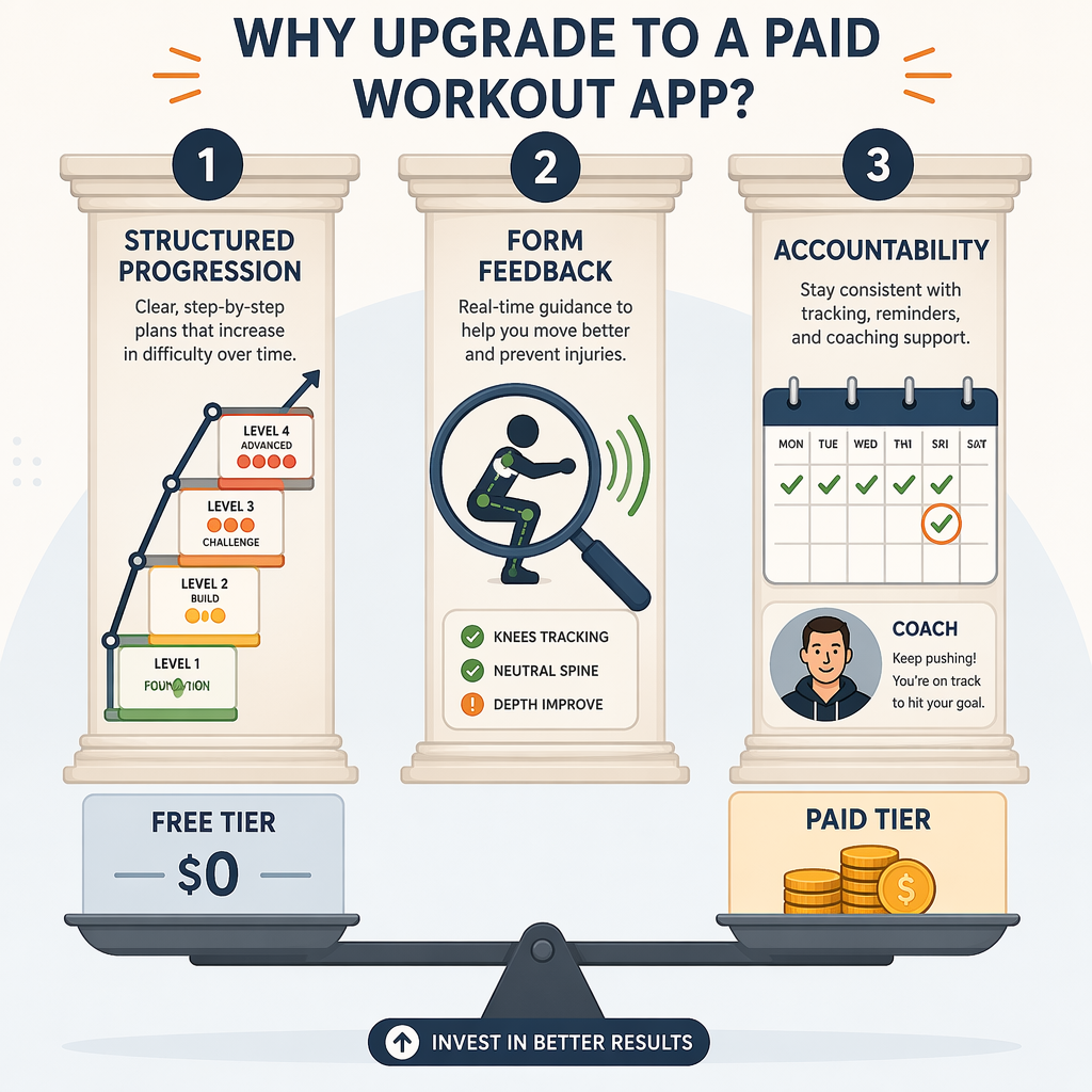 Infographic with three pillars representing the three triggers: Structured Progression (ladder), Form Feedback (magnifying glass), Accountability (calendar with checkmarks). Scale at bottom compares Free with Paid.