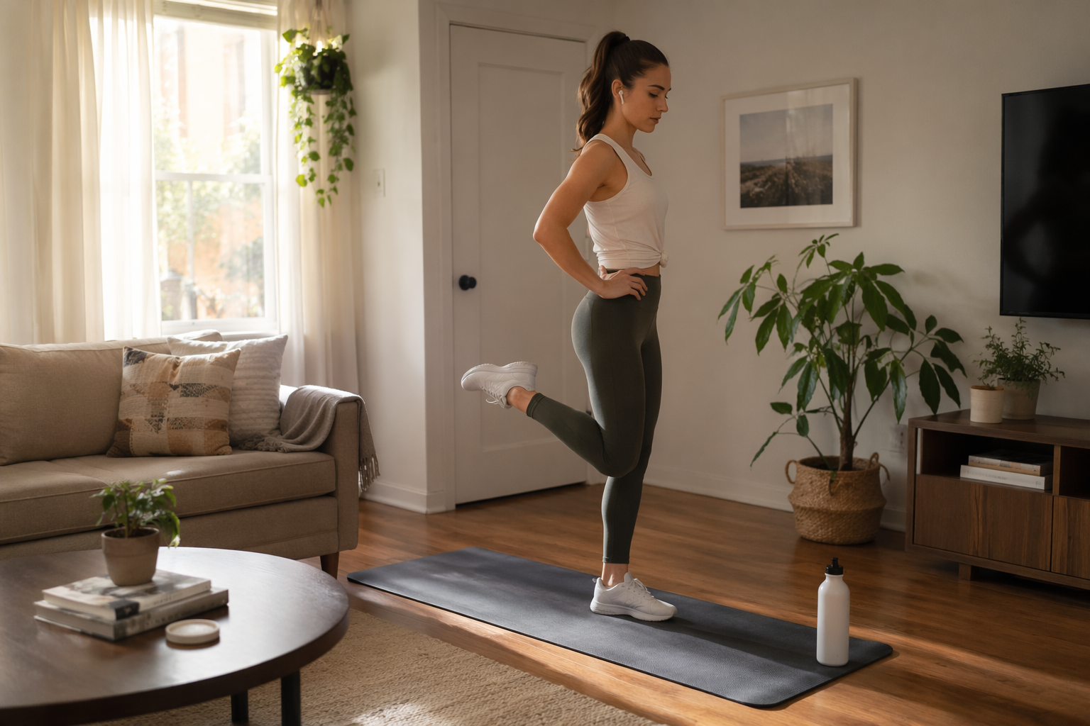 A person in athletic wear performs a controlled standing hamstring curl on a yoga mat in a sunlit living room with wood flooring, furniture pushed aside to create space, earbuds in, and a water bottle nearby — calm and realistic home setting.