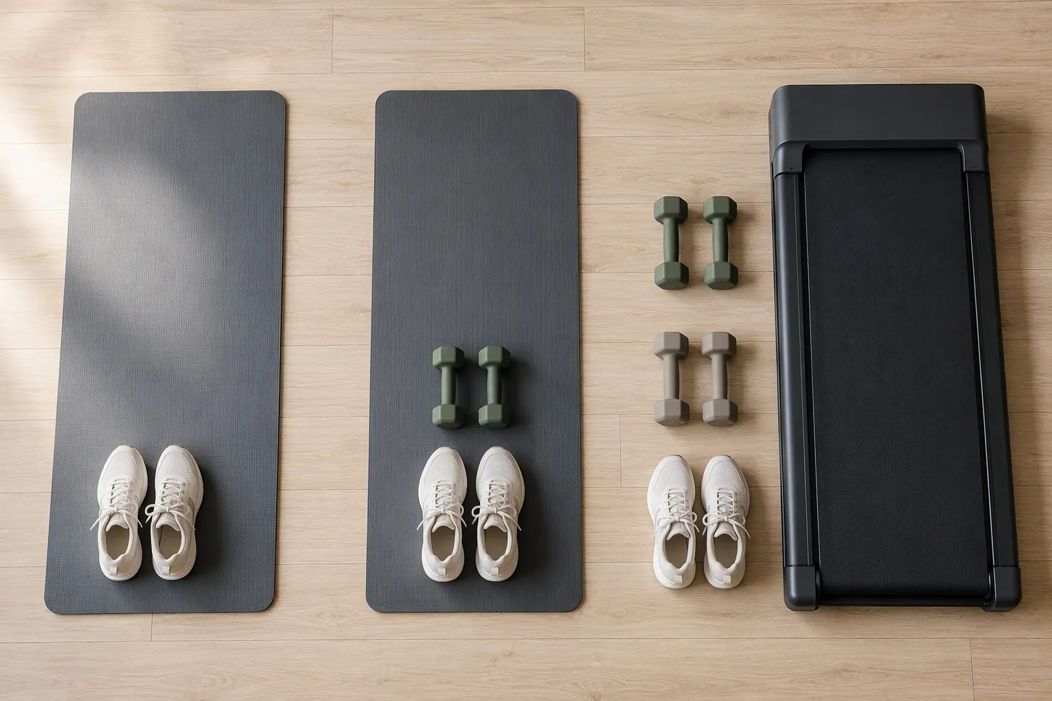 Three home workout setups arranged by equipment level: mat and sneakers, dumbbells added, then walking treadmill and extra dumbbells