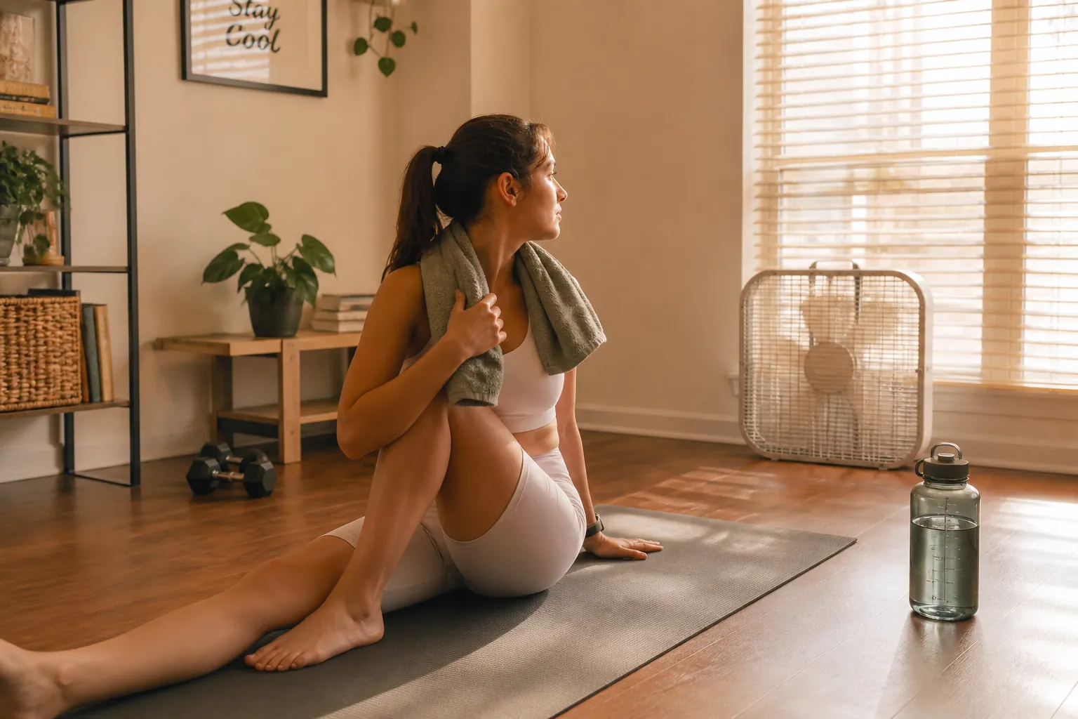 Person doing gentle stretches on a yoga mat in a warm room with a fan, cold towel, and water bottle nearby