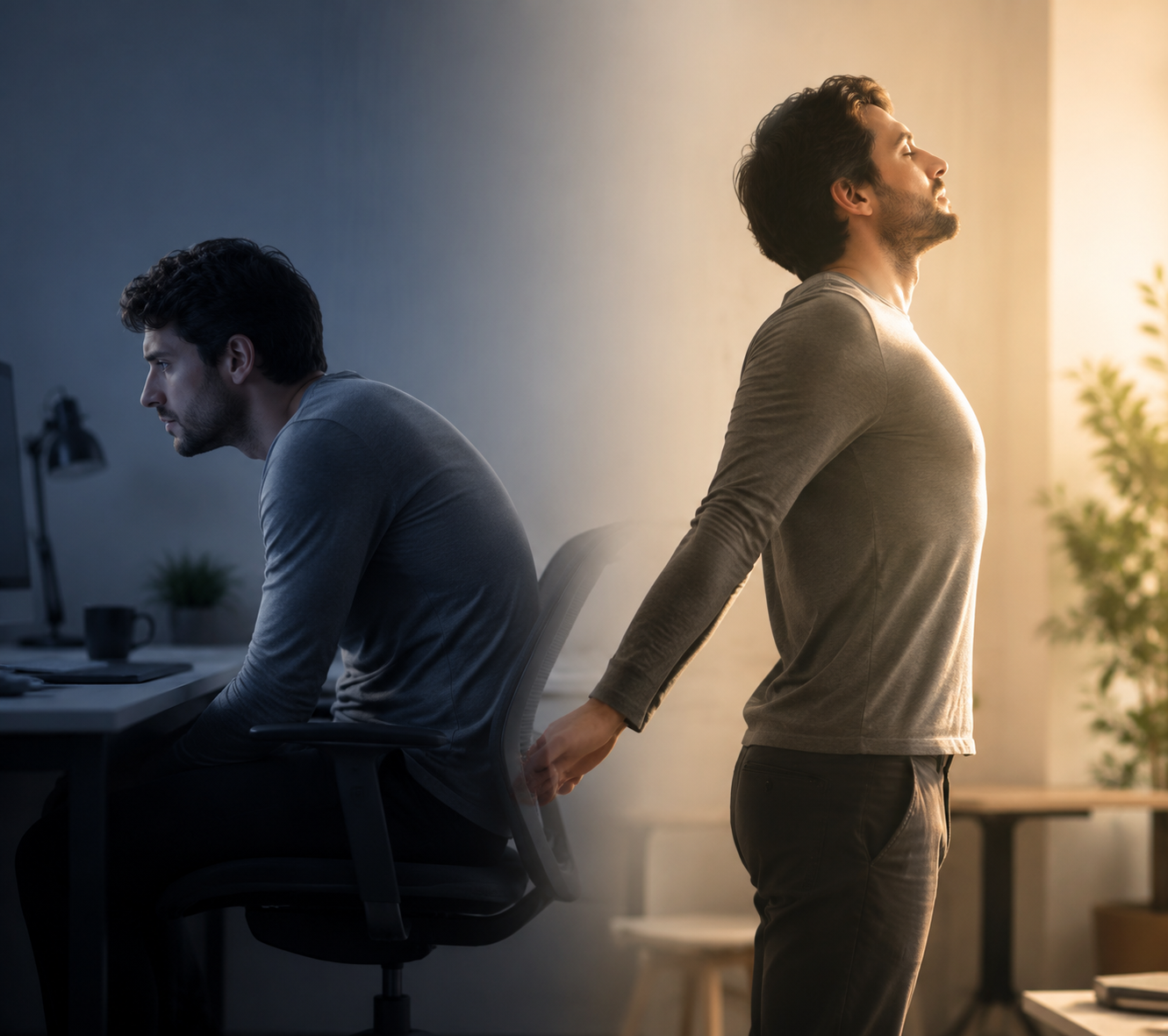 A desk worker shown hunched while sitting and then standing for an open chest mobility stretch