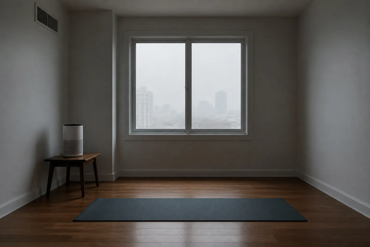 Small apartment room prepared for a smoke-day workout with a closed window, running air purifier, wall vent, and yoga mat in the center