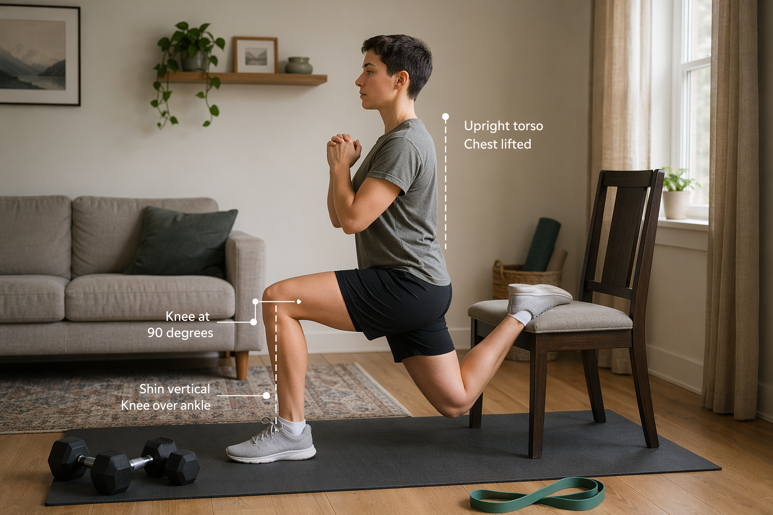 A person performing a Bulgarian split squat in a modest living room, with one foot on a chair, upright torso, and a dumbbell in each hand. A yoga mat and resistance band are visible on the floor.