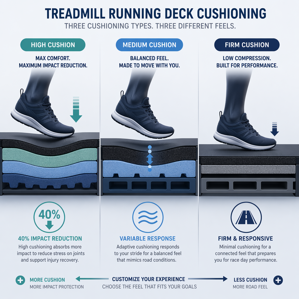 Three cross-section illustrations of treadmill running decks side by side: a thick plush deck with 40% impact reduction label on the left, a medium balanced deck in the middle, and a thin firm deck on the right.
