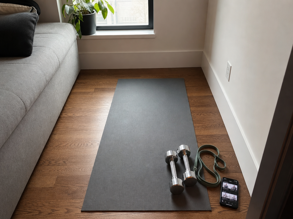 A realistic photo of a small apartment corner with a rolled-out grey yoga mat on a wooden floor, two chrome dumbbells at one end, a looped resistance band beside them, and a smartphone showing a workout app screen resting on the floor.