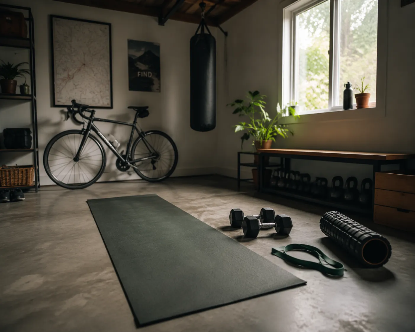Compact home gym corner with a yoga mat, dumbbells, resistance band, and foam roller