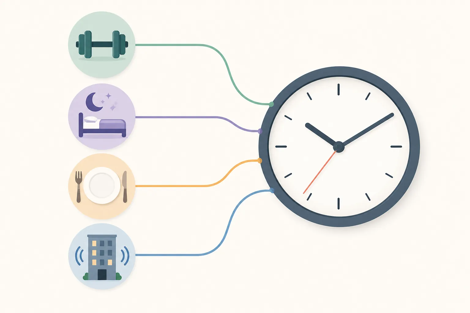 Decision framework showing workout goal, sleep, meals, and apartment noise feeding into a clock