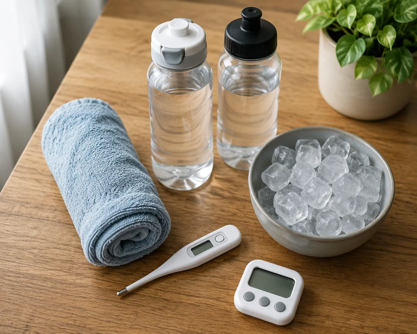 Pre-cooling and hydration setup with damp towel, water bottles, ice, thermometer, and timer on a countertop