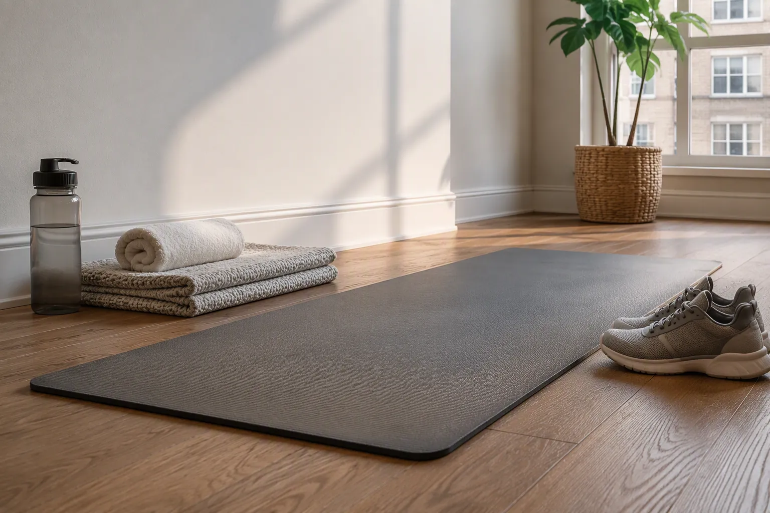 A thick exercise mat on a wooden apartment floor with a folded padded rug, towel, sneakers, and water bottle