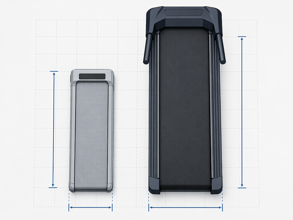 A top-down flat vector comparison of a narrow walking pad deck on the left and a wider full-size treadmill deck on the right, placed over a dashed measurement grid showing the size and length difference between the two machines.