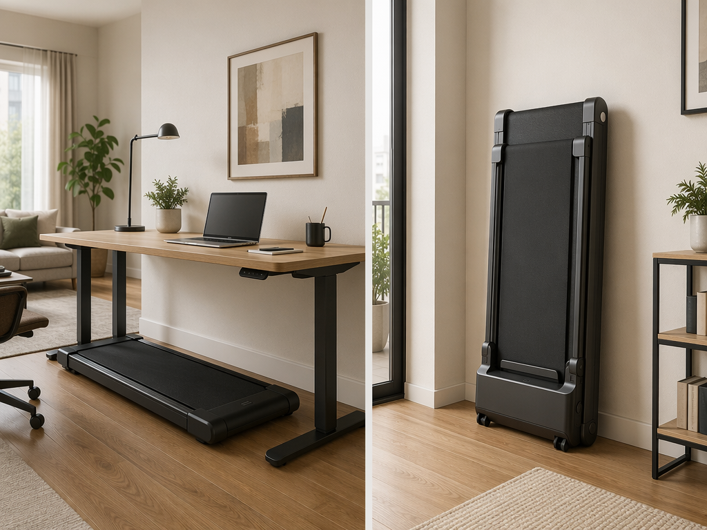 Walking pad stored under a standing desk and folding treadmill stored upright against a wall