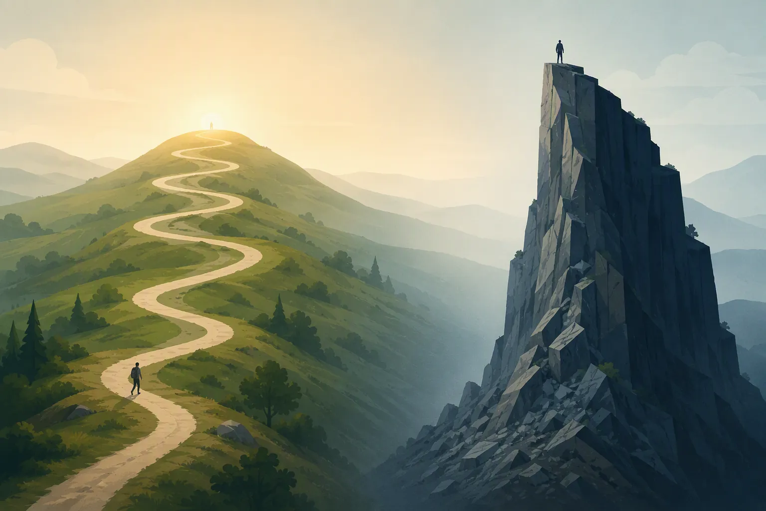 An abstract comparison of a long gradual uphill trail and a short steep cliff