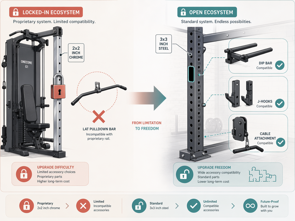 A 2.5D technical illustration comparing an all-in-one machine with specialized 2x2 inch chrome uprights and a padlock icon showing accessory incompatibility on the left, versus a standard 3x3 inch rack with modular accessories attaching freely on the right.