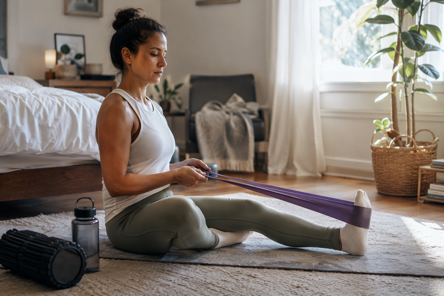 Person doing a controlled resistance band exercise on a living room floor with a foam roller nearby