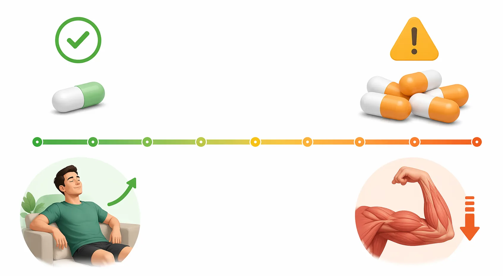 Spectrum showing occasional pill use as lower risk and grouped pills as higher risk for muscle growth