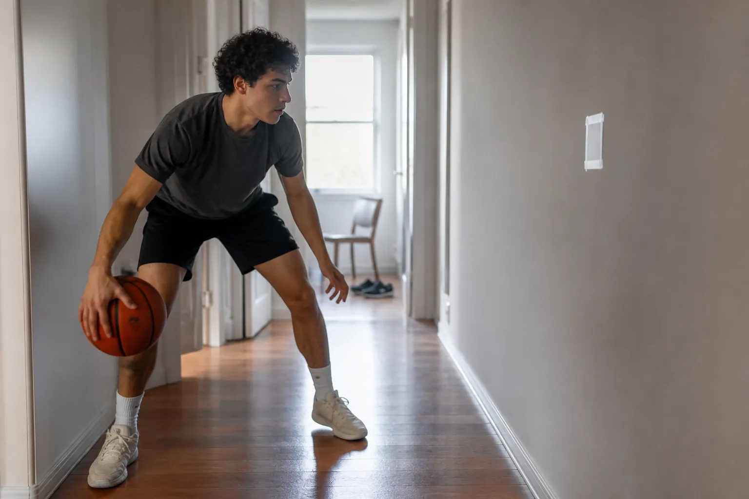 Basketball player dribbling in a small apartment hallway beside a tape target on the wall