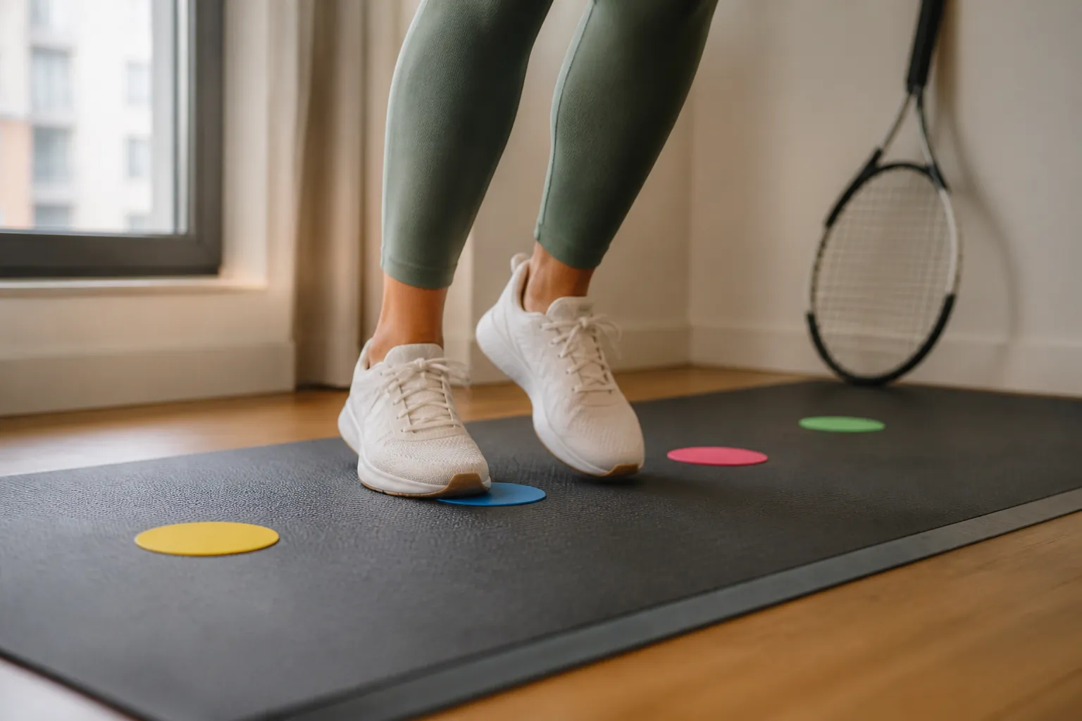 Close-up of quick side-to-side tennis footwork across colored floor markers on a thick mat in an apartment