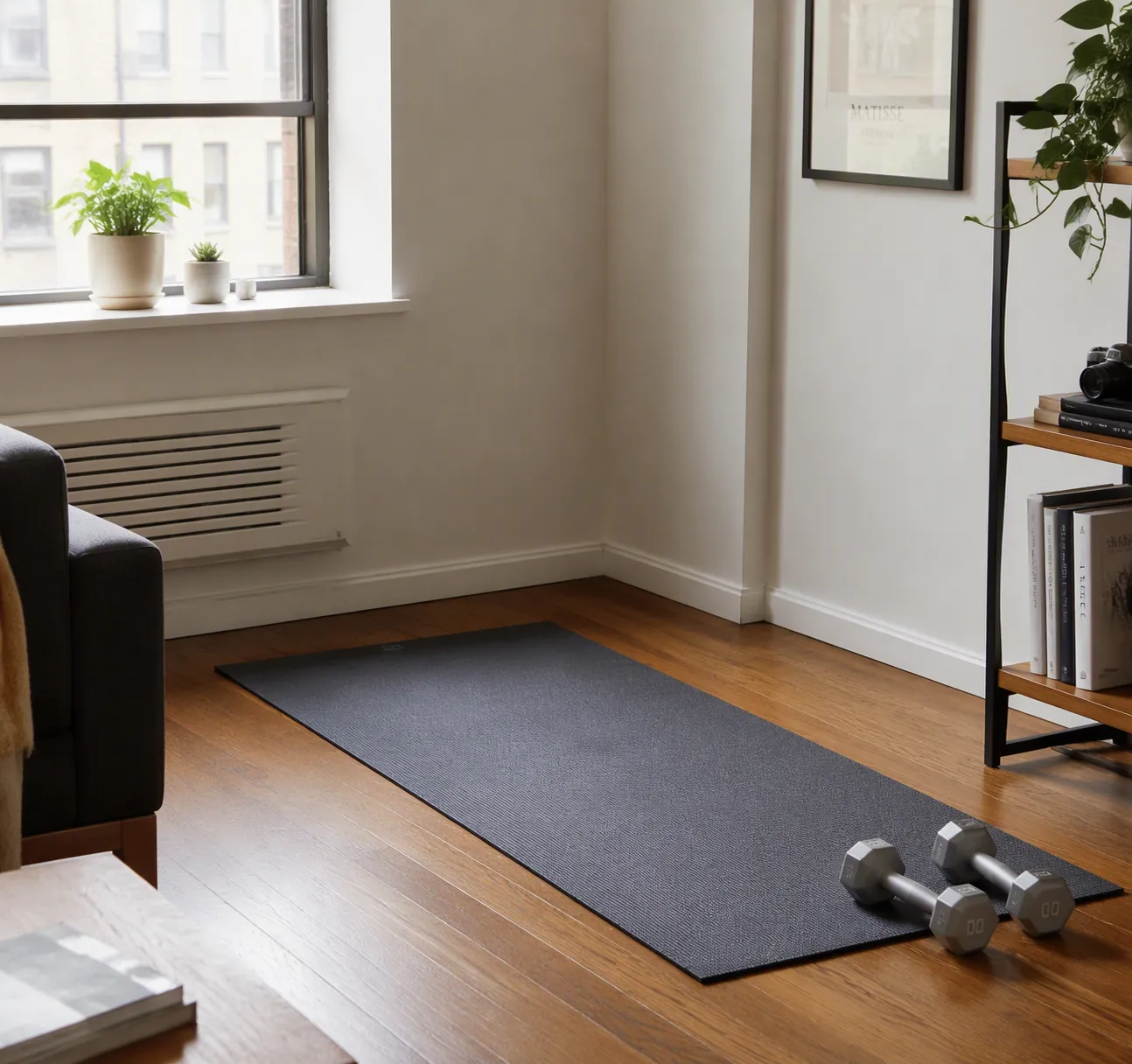 Small apartment workout corner with a yoga mat and light dumbbells in a compact 6 by 6 foot space