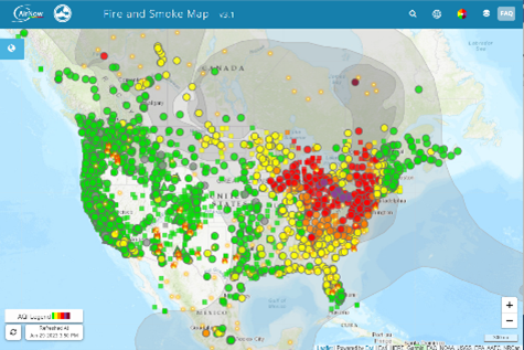 AirNow Fire and Smoke Map interface with fire icons and colored PM2.5 monitoring dots