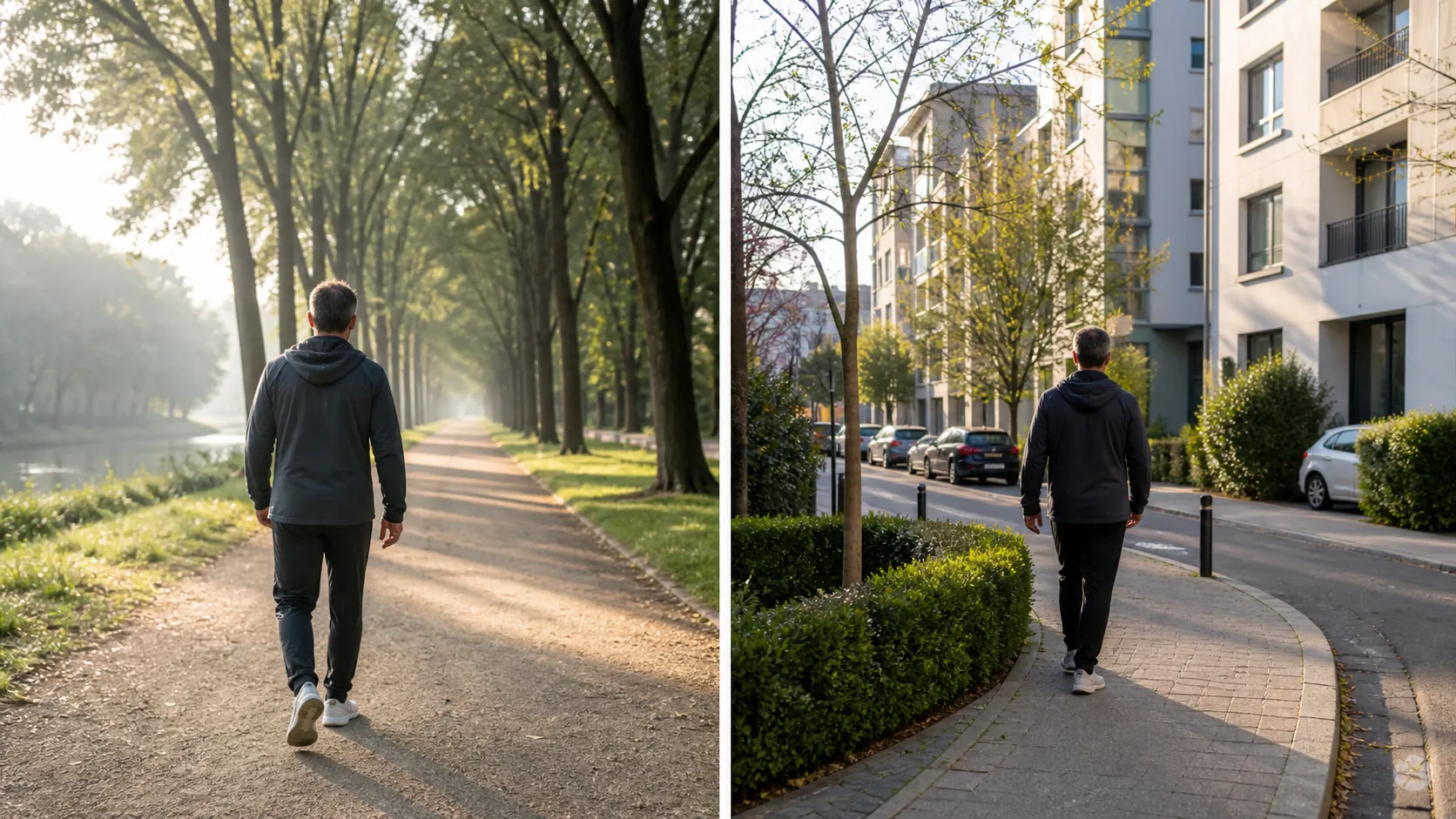 A split scene comparing one long continuous walk with several short walking loops around a residential block