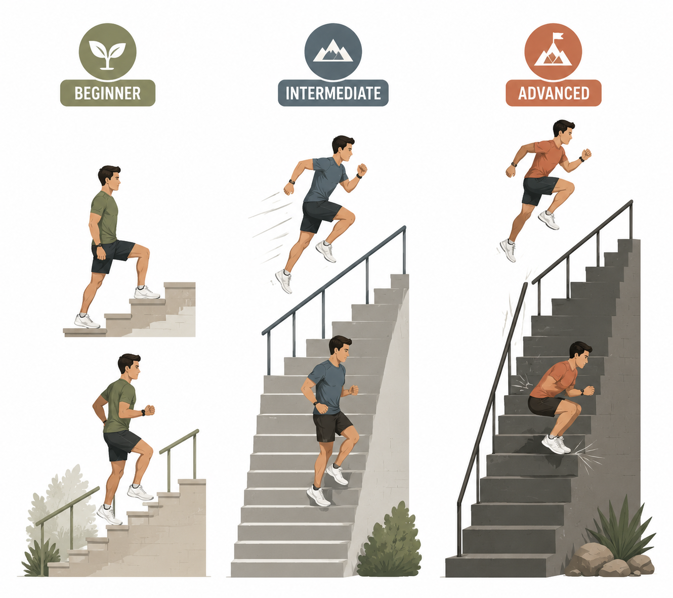 A three-panel illustration showing beginner, intermediate, and advanced stair workout progressions