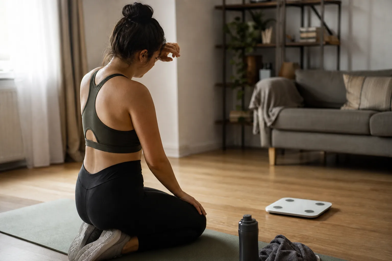Person paused on a home workout mat, wiping sweat while looking toward a bathroom scale