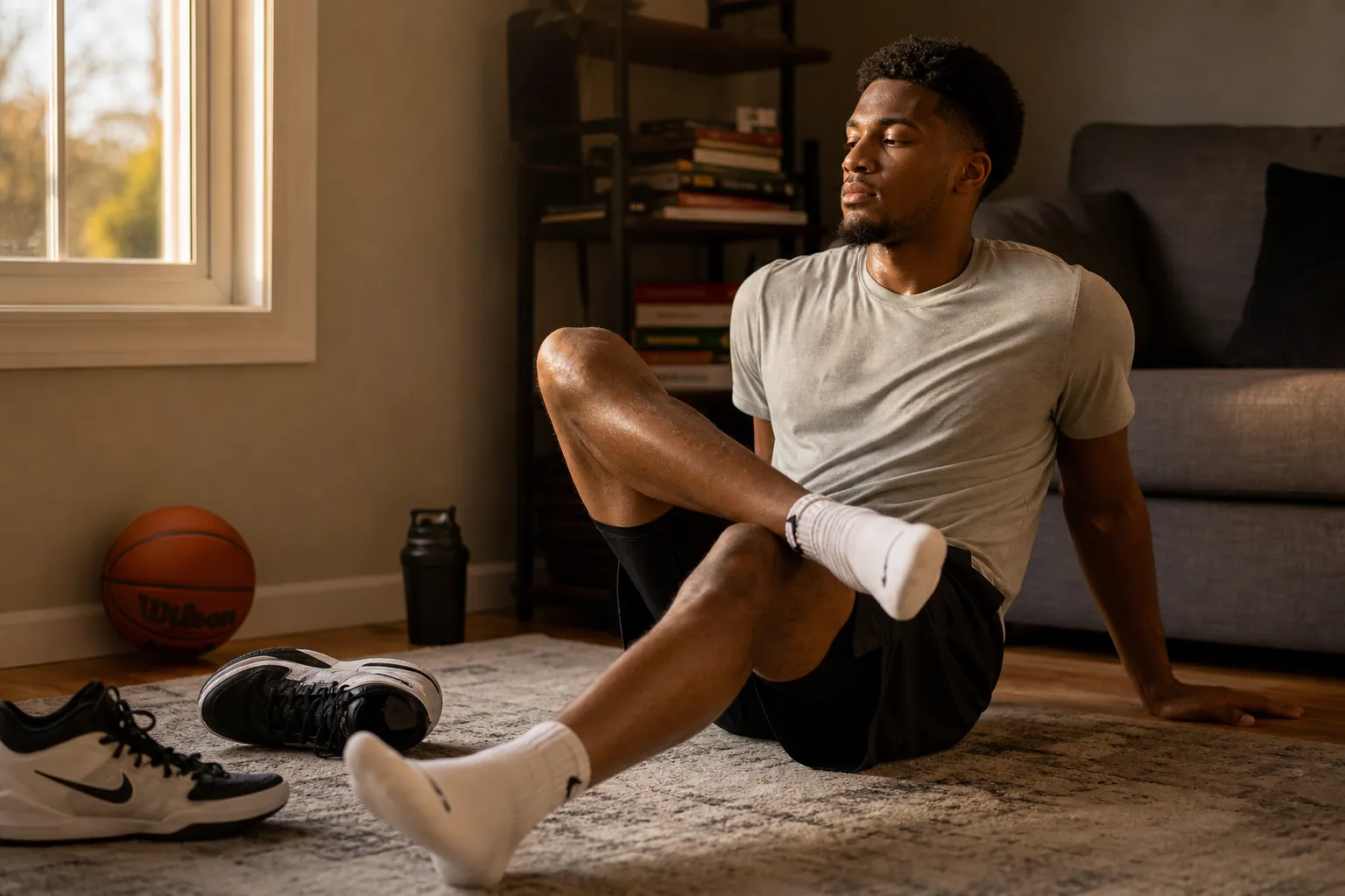 Basketball player seated on a living room floor in a figure-four glute stretch