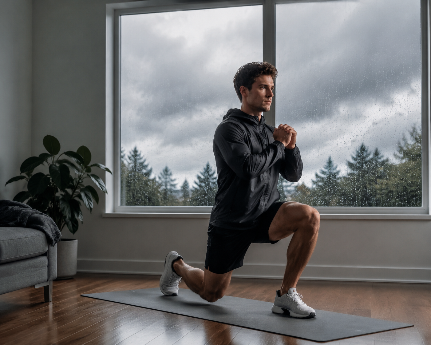 A person in running shoes performs a bodyweight lunge in a small living room while rain and storm clouds show through the window