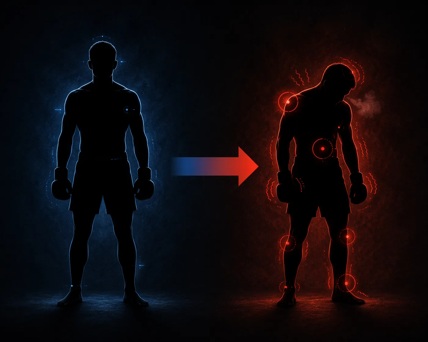 Comparison of a composed fighter silhouette and a fatigued fighter silhouette with larger tell indicators