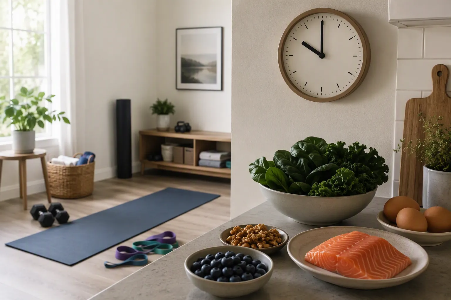 Home workout corner beside a kitchen counter with a 10am clock and brain-healthy foods