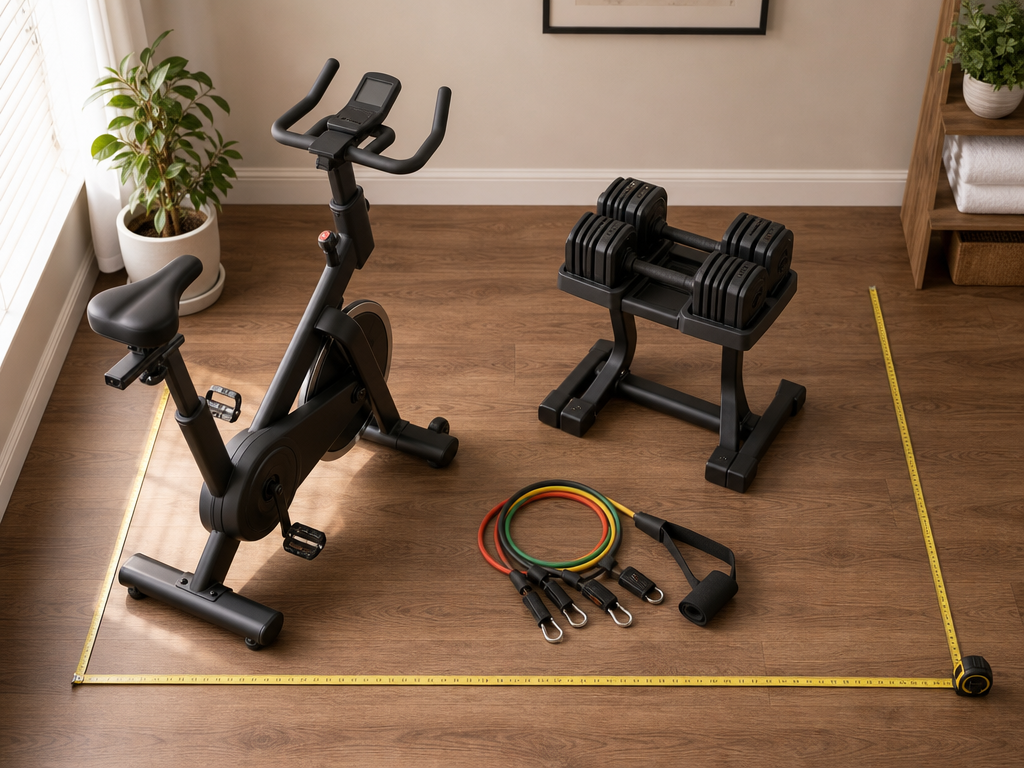 Clean flat-lay on warm wood floor showing a 4x6-foot workout area marked by subtle floor boundaries, containing exactly three equipment pieces: a compact exercise bike, adjustable dumbbells on a stand, and resistance bands with a door anchor.