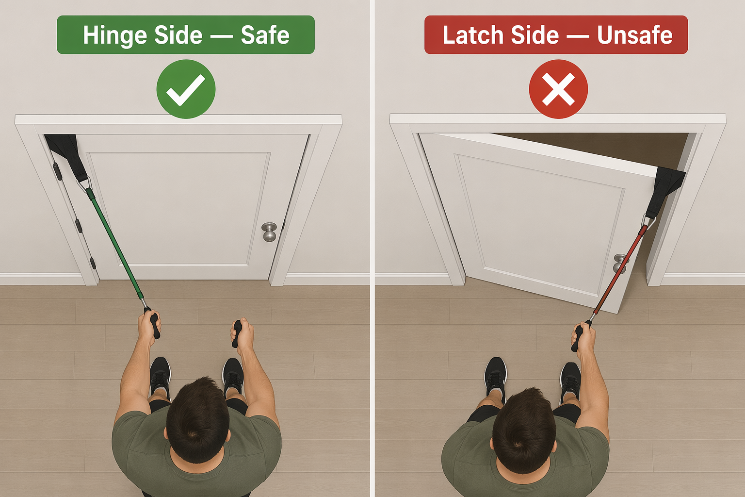 Comparison of safe hinge-side door anchor placement and unsafe latch-side placement