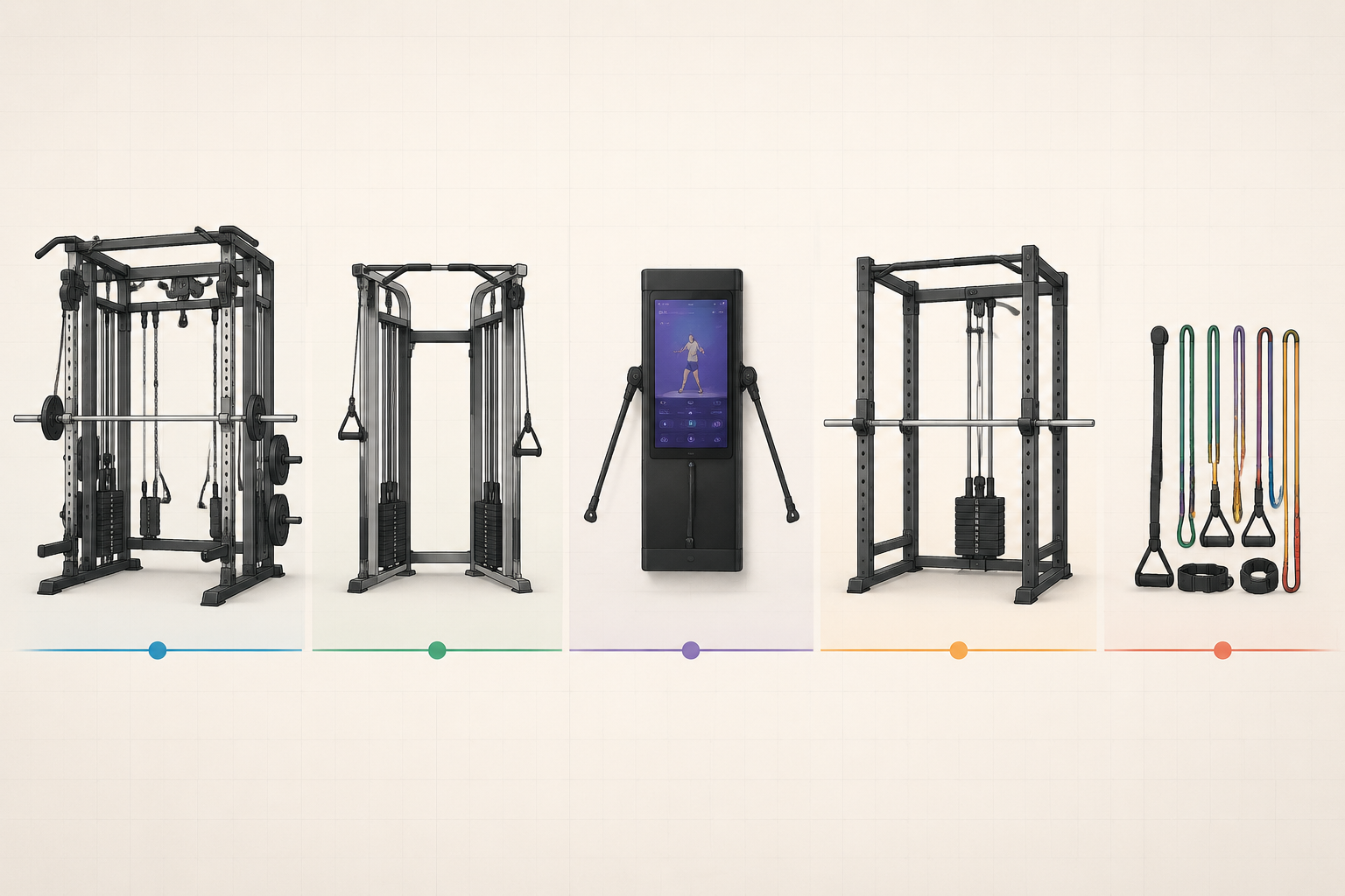 Five simplified home gym machine silhouettes showing an all-in-one Smith machine, functional trainer, wall-mounted smart gym, power rack cable hybrid, and band-based resistance system